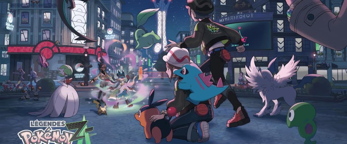 Illustration officielle de Légendes Pokémon : Z-A : des dresseurs et leurs Pokémon, dont Pikachu, Lucario et Gardevoir, sur une place d'Illumis la nuit, la tour Prismatique au fond