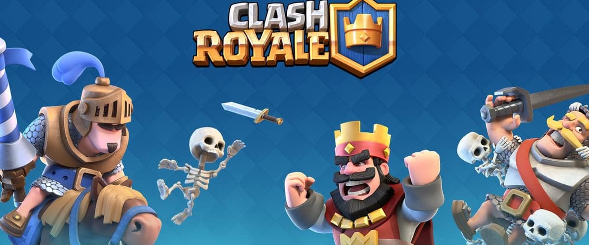 Visuel officiel de Clash Royale : le Roi, un chevalier, des squelettes et d'autres troupes autour du logo