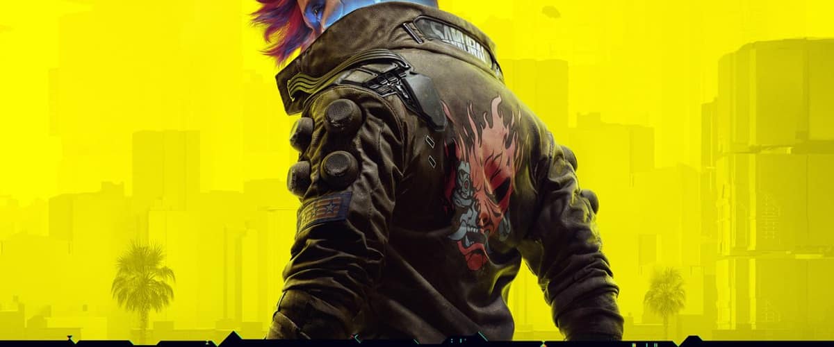 V, de dos dans sa veste de cuir à l'emblème Samurai, sur fond jaune de Night City