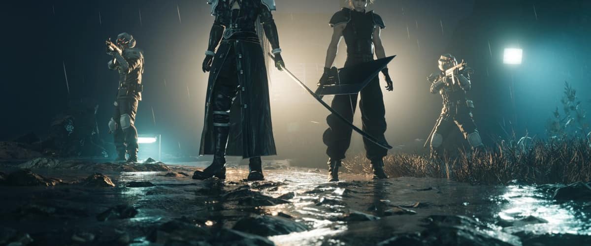 Sephiroth et Cloud côte à côte sous la pluie, encadrés par deux soldats armés, dans Final Fantasy VII Rebirth