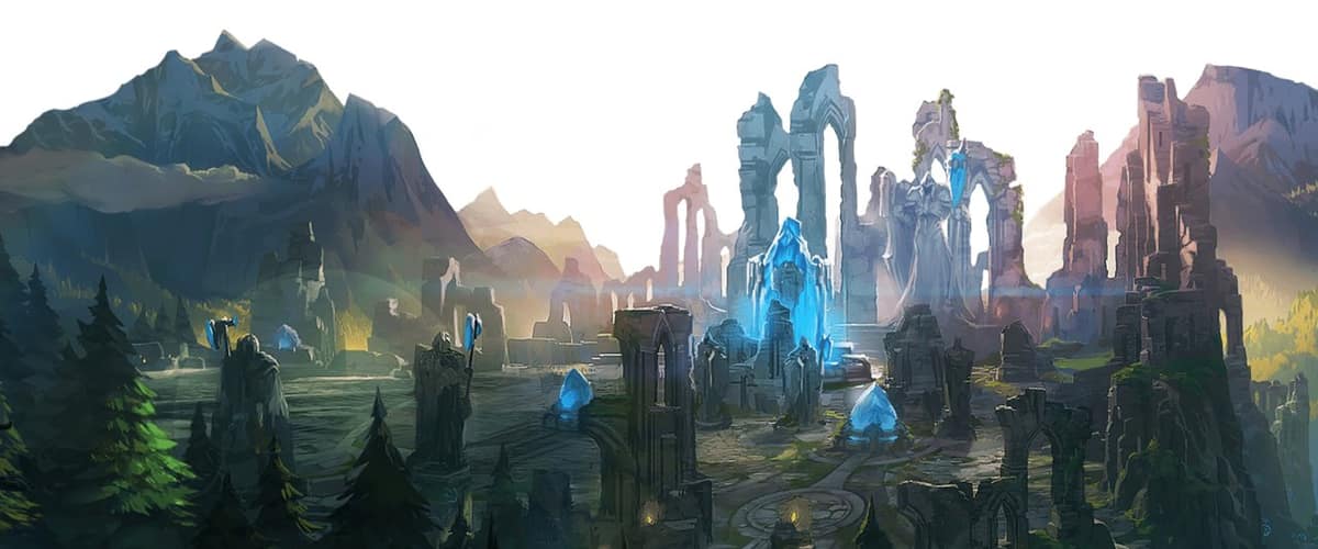 Panorama illustré de la Faille de l'invocateur : forêts, ruines de pierre et cristaux bleus au pied des montagnes