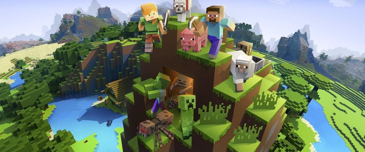 Steve, Alex, un creeper, un cochon, un mouton et un loup au sommet d'une colline de blocs, au-dessus d'un paysage de Minecraft