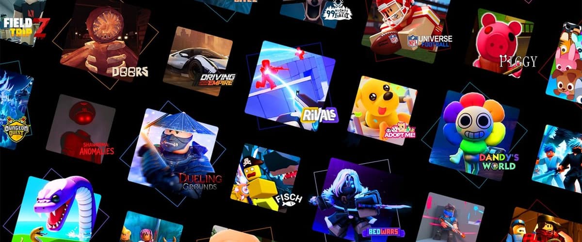 Mosaïque de vignettes de jeux Roblox, dont Jailbreak, Doors, Adopt Me!, Rivals, Piggy et Dandy's World, sur fond noir
