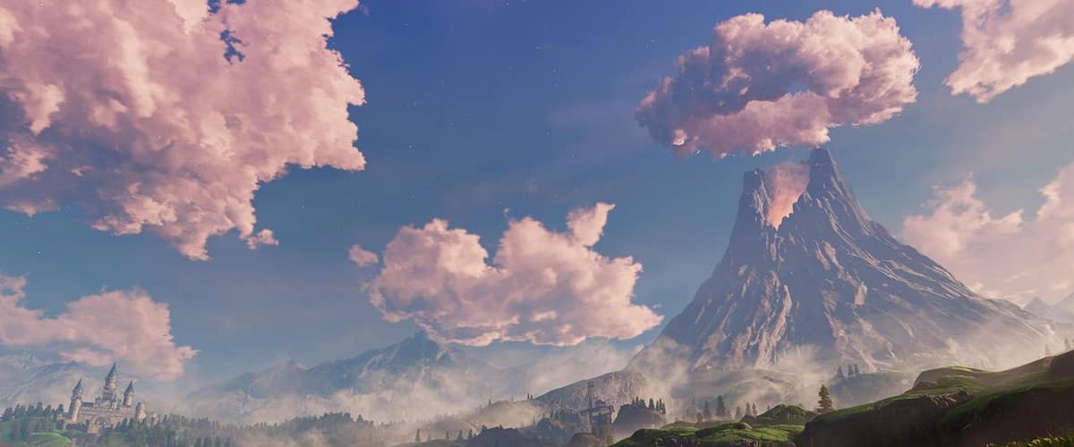 La plaine d'Hyrule et le volcan de la montagne de la Mort sous un ciel de nuages roses, dans la nouvelle version d'Ocarina of Time sur Nintendo Switch 2