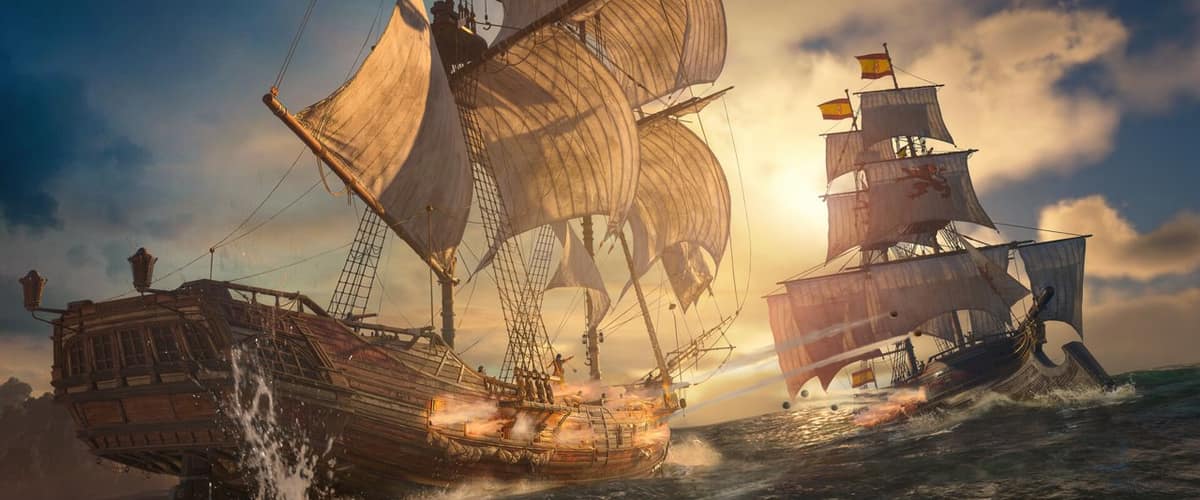 Deux voiliers s'affrontent au canon en pleine mer au coucher du soleil dans Assassin's Creed Black Flag Resynced