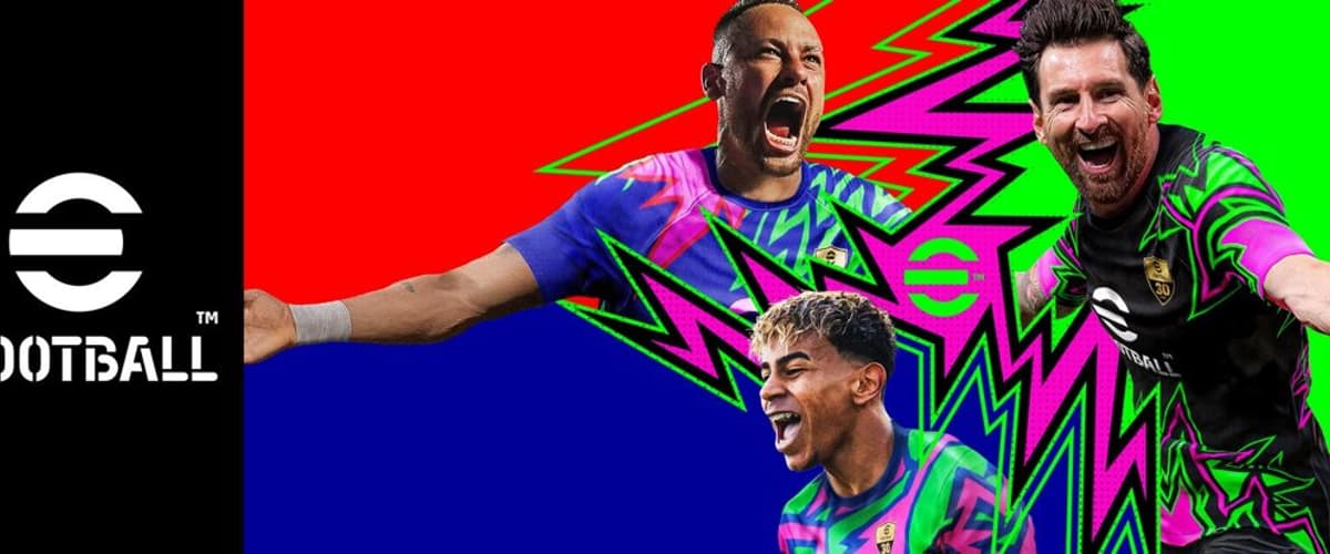 Visuel officiel d'eFootball : trois footballeurs en maillots aux motifs colorés célèbrent, sur fond rouge, vert et bleu