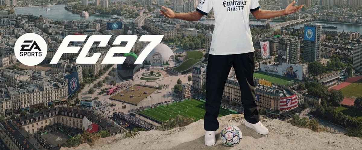 Visuel officiel d'EA Sports FC 27 : un footballeur du Real Madrid, bras ouverts, au-dessus d'une ville parsemée de stades