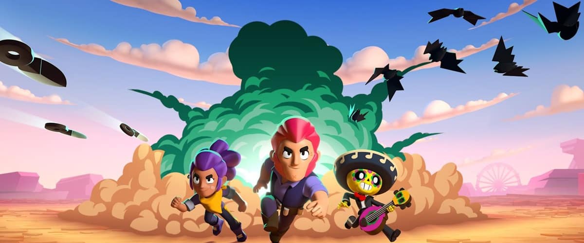 Visuel officiel de Brawl Stars : trois brawlers s'élancent hors d'un nuage de fumée verte, dans le désert