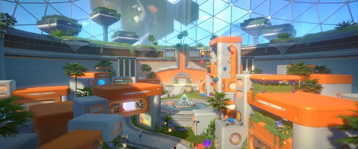 Une ville aux bâtiments orange et blancs, avec jardins suspendus, palmiers et fontaine, sous un immense dôme de verre, dans Honkai: Star Rail