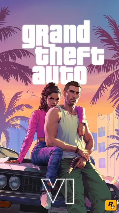 Affiche de GTA VI : Jason et Lucia assis sur le capot d'une voiture, sous le logo Grand Theft Auto