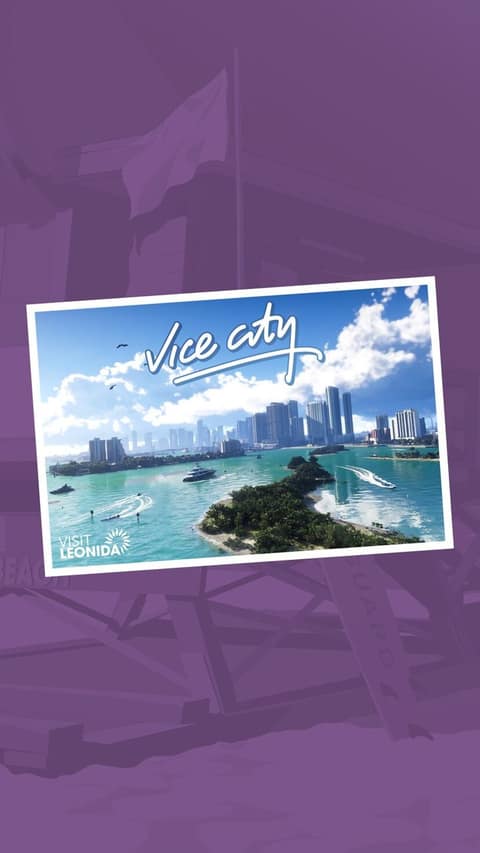 Carte postale « Vice City » de GTA VI : la ville et sa baie vues du ciel
