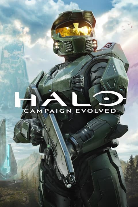 Affiche de Halo: Campaign Evolved : le Master Chief, fusil en main, devant l'anneau de Halo