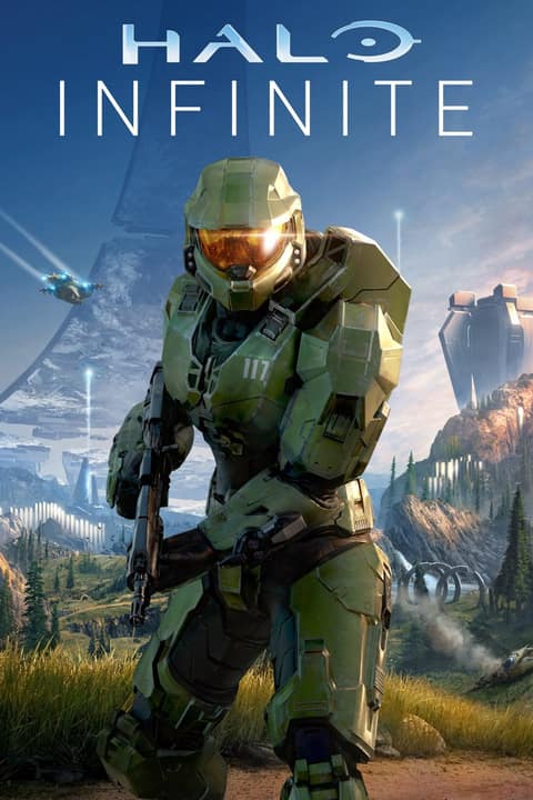 Affiche de Halo Infinite : le Master Chief avance dans un paysage de forêt et de structures en suspension
