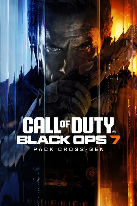 Affiche de Call of Duty: Black Ops 7 : un visage d'homme découpé en bandes bleues et orange au-dessus du logo du jeu