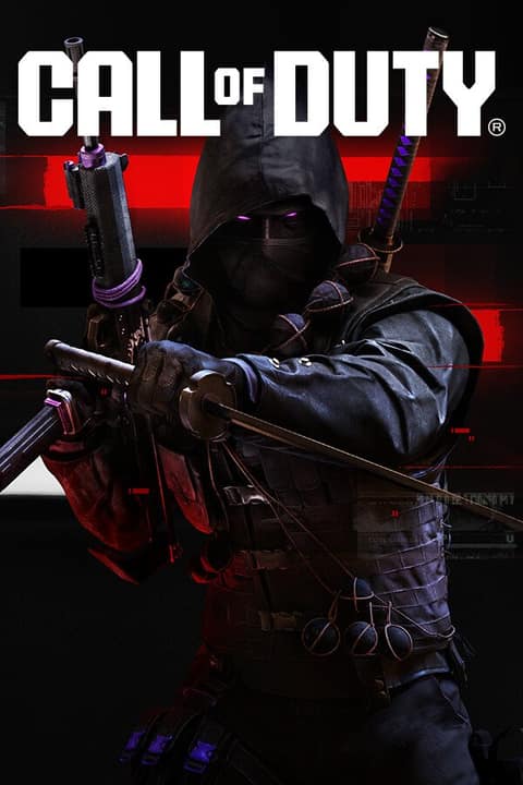 Visuel Call of Duty : un opérateur encagoulé aux yeux violets, sabre et arme en main, sous le logo Call of Duty