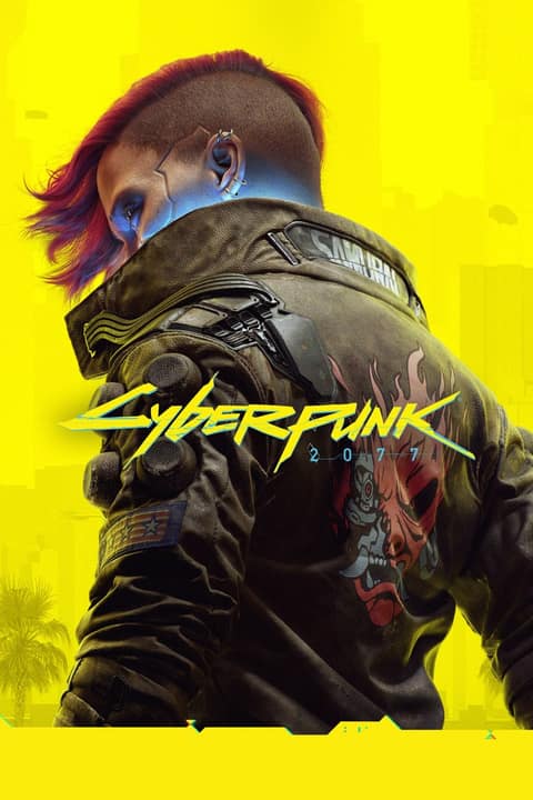 Affiche de Cyberpunk 2077 : V, de dos dans sa veste de cuir, sous le logo jaune