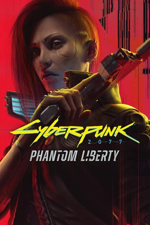 Affiche de Phantom Liberty : V, cheveux rouges, une arme sur l'épaule, sur fond rouge
