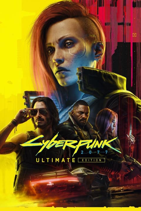 Affiche de l'Ultimate Edition : V au premier plan, avec trois autres personnages du jeu, sur fond jaune
