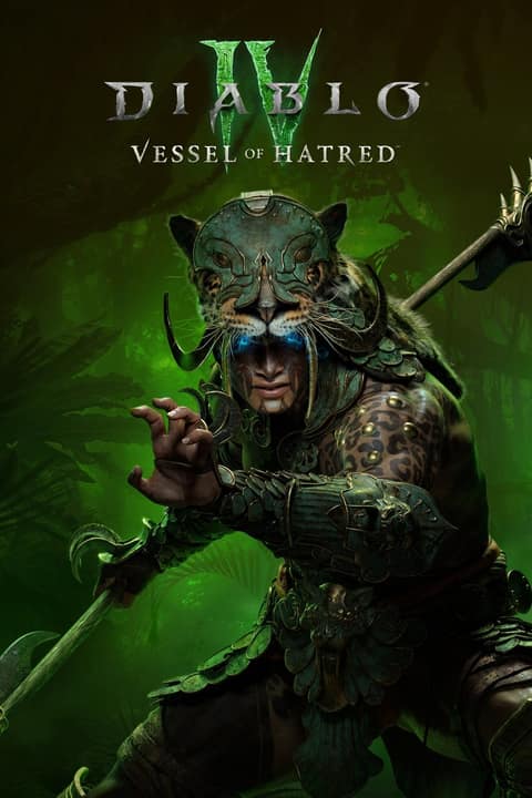 Affiche de Diablo IV: Vessel of Hatred : un guerrier coiffé d'un masque de jaguar, lance à la main, dans une jungle verte