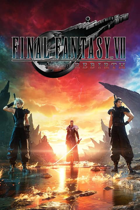 Affiche de Final Fantasy VII Rebirth : Cloud, Sephiroth et Zack dans un paysage au coucher du soleil, sous le logo du jeu