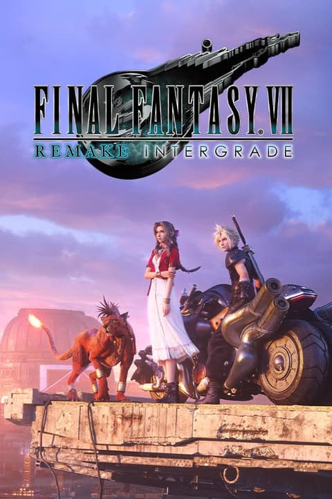 Affiche de Final Fantasy VII Remake Intergrade : Aerith, Cloud et Red XIII près d'une moto sur une plateforme au crépuscule