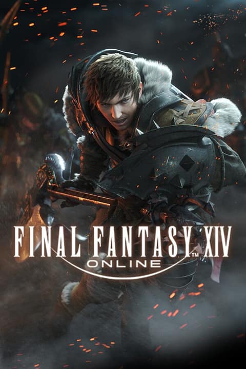 Affiche de Final Fantasy XIV Online : un aventurier en armure et manteau de fourrure, arme au poing, parmi des braises