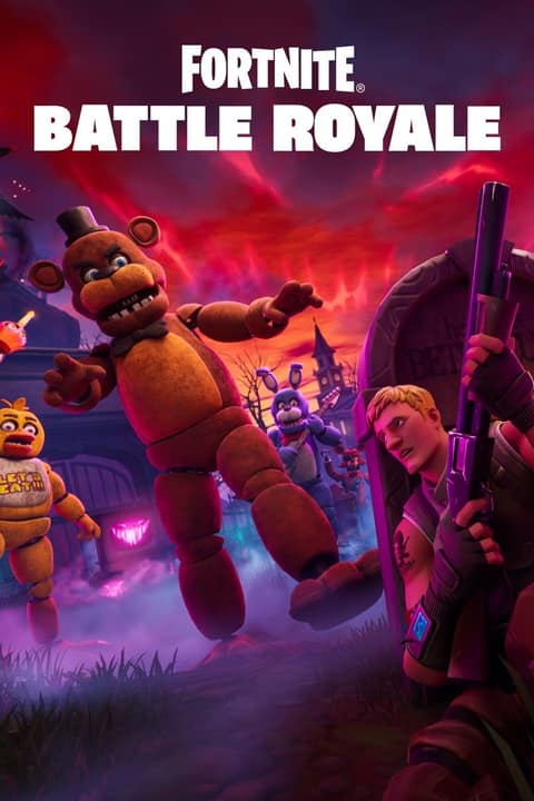 Affiche de Fortnite Battle Royale : Freddy Fazbear et les animatroniques de Five Nights at Freddy's face à Jonesy, armé, dans un cimetière