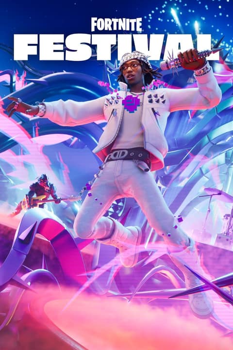 Affiche de Fortnite Festival : un chanteur en costume blanc, micro en main, sur une scène