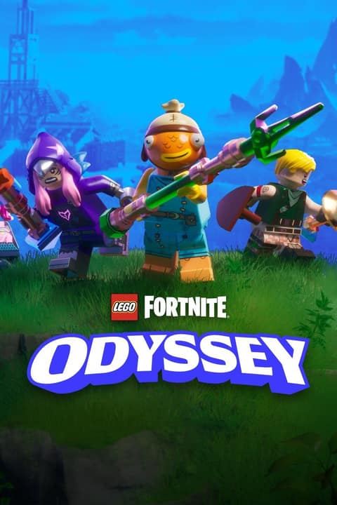 Affiche de LEGO Fortnite Odyssey : trois figurines LEGO de Fortnite, armes en main, dans l'herbe, au-dessus du logo
