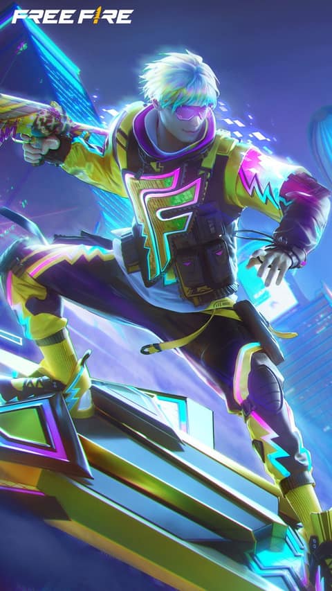 Fond d'écran officiel Free Fire : un personnage en tenue fluo sur une planche flottante, dans une ville de néons