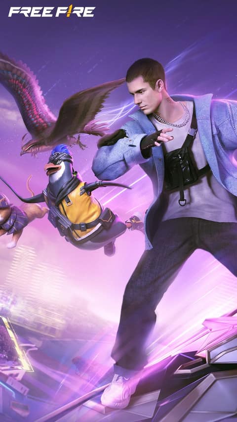 Fond d'écran officiel Free Fire : un personnage en veste en jean accompagné d'un aigle et d'un petit pingouin