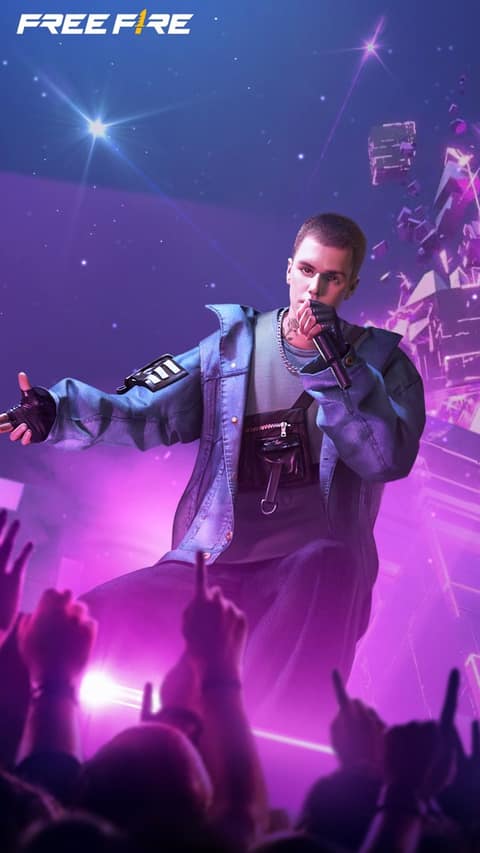 Fond d'écran officiel Free Fire : un personnage chante sur scène devant une foule, dans des lumières violettes