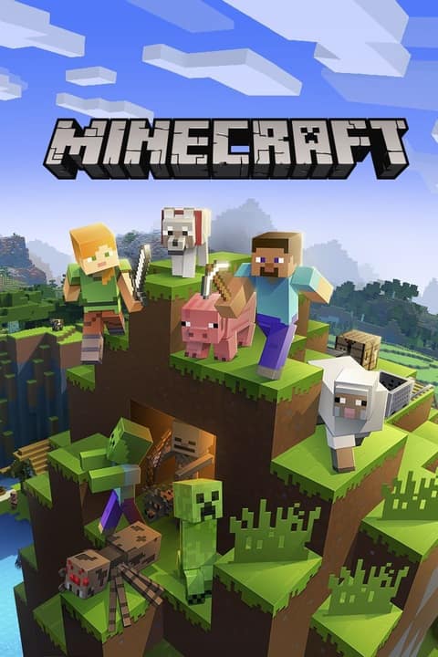 Affiche de Minecraft : Steve, Alex et des animaux au sommet d'une colline de blocs sous le logo du jeu