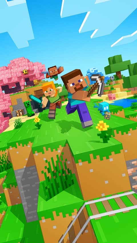 Fond d'écran officiel Minecraft Bedrock Edition : Steve, Alex et des créatures dévalent une colline fleurie
