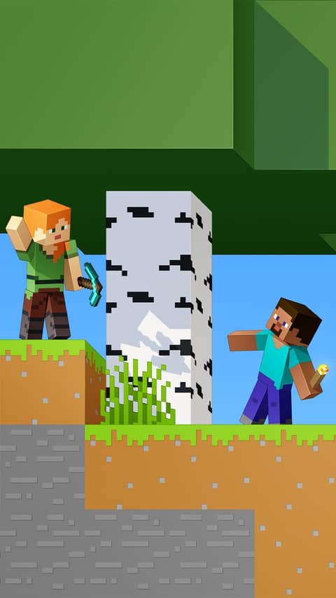Fond d'écran des 15 ans de Minecraft : Alex et Steve de part et d'autre d'un bouleau