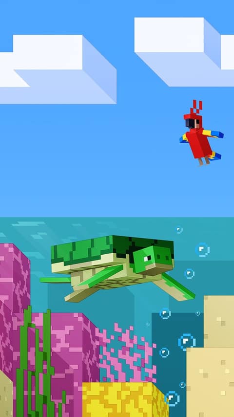 Fond d'écran des 15 ans de Minecraft : une tortue nage au-dessus des coraux, un perroquet dans le ciel
