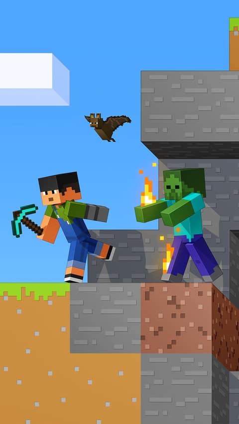 Fond d'écran des 15 ans de Minecraft : un personnage armé d'une pioche face à un zombie près d'une falaise