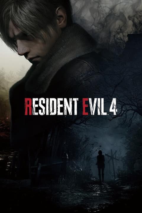 Affiche de Resident Evil 4 : Leon de profil, une silhouette au loin sur un chemin brumeux