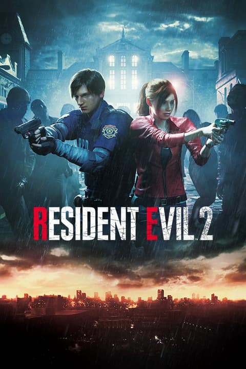 Affiche de Resident Evil 2 : Leon et Claire, arme au poing, devant le commissariat de Raccoon City sous la pluie, des silhouettes dans l'ombre autour d'eux