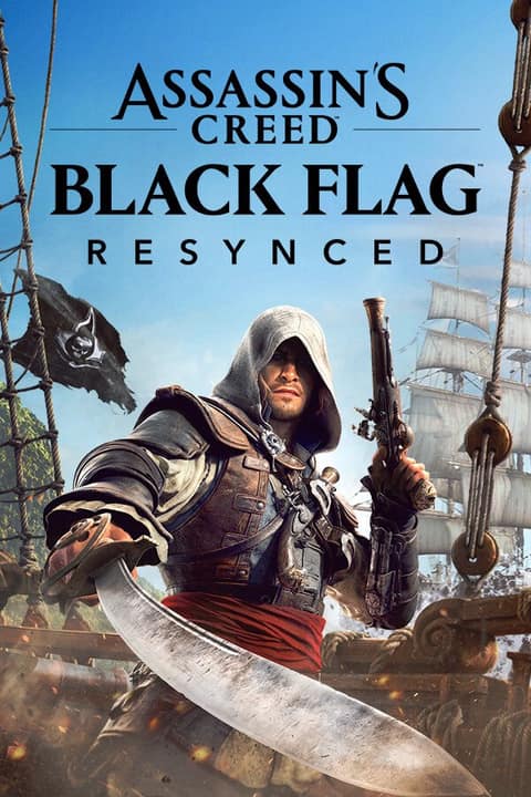 Jaquette d'Assassin's Creed Black Flag Resynced : Edward Kenway, sabre et pistolet en main, devant un navire pirate