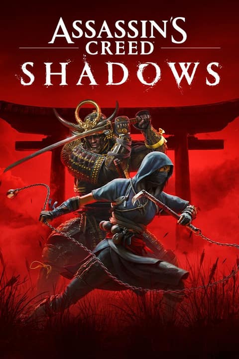 Jaquette d'Assassin's Creed Shadows : Naoe et Yasuke devant un torii, sur fond rouge