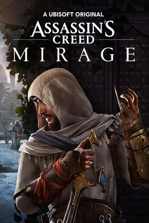 Jaquette d'Assassin's Creed Mirage : Basim encapuchonné, dague en main