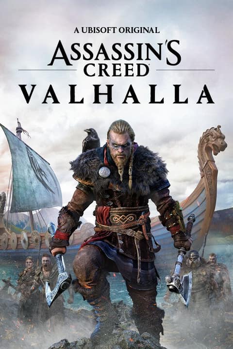 Jaquette d'Assassin's Creed Valhalla : Eivor, haches en main, devant des drakkars