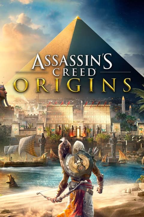Jaquette d'Assassin's Creed Origins : Bayek devant une pyramide et une cité égyptienne