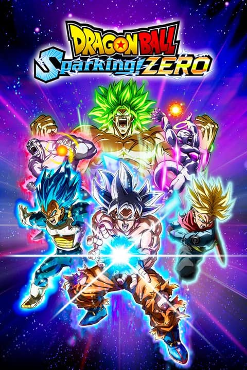 Jaquette de Dragon Ball: Sparking! Zero : Goku, Vegeta, Broly et d'autres combattants autour d'une explosion d'énergie