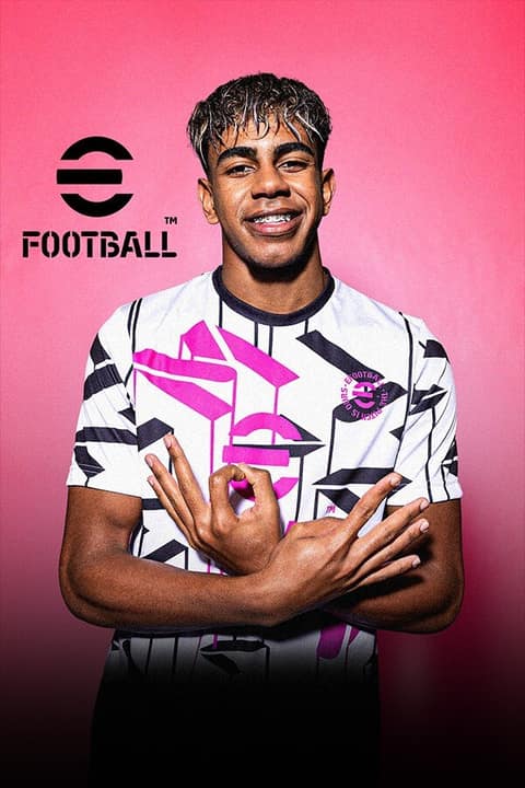 Affiche officielle d'eFootball : un jeune footballeur en maillot blanc, noir et rose, sur fond rose