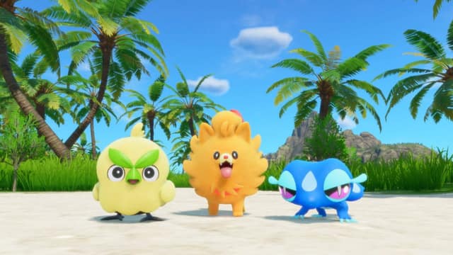 Les trois Pokémon de départ de Pokémon Vents et Pokémon Vagues sur une plage bordée de palmiers