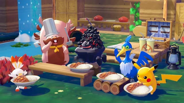 Pikachu, Flambino, Nigosier et d'autres Pokémon partagent un repas de curry autour d'une table dans Pokémon Pokopia