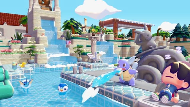 Des Pokémon aquatiques, dont Tiplouf, autour de bassins et de cascades construits dans Pokémon Pokopia