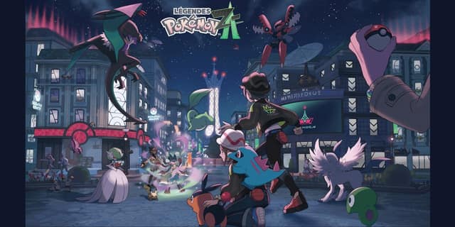 Visuel de Légendes Pokémon : Z-A : un dresseur et ses Pokémon face à des Méga-Évolutions dans une ville de nuit